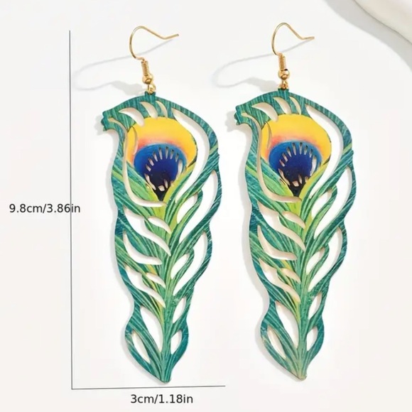 Polychrome Peacock Feather Fish Hook Earrings, Almost 4” Long - Picture 2 of 7
